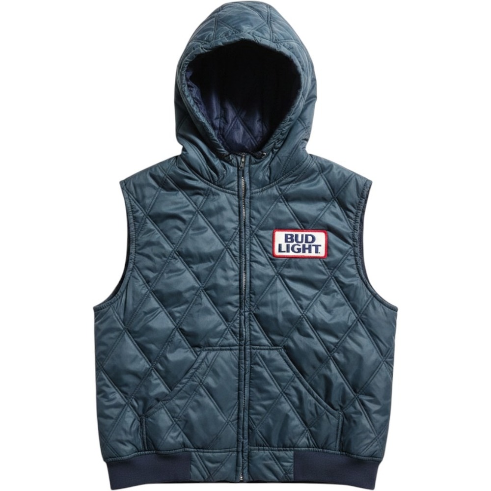Vintage Bud Light Quilted Hooded Vest Navy Blue Embroidered Patch Made in USA L